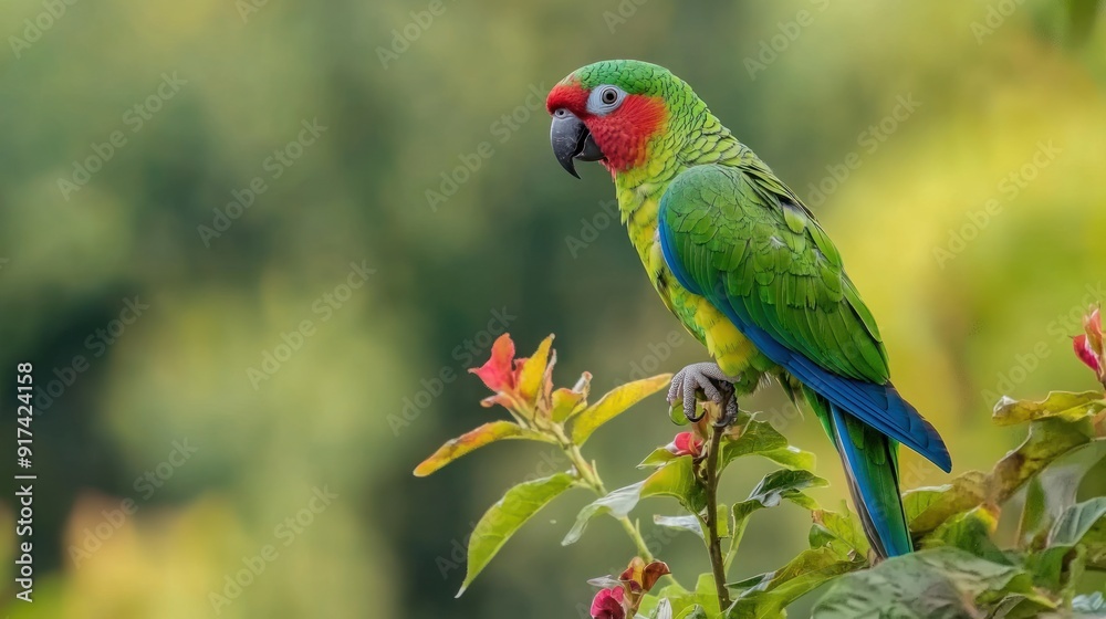 A Green-winged Parrot Perched on a Branch with Red Flowers