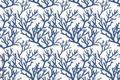 Blue and white coral pattern with modern, minimalist design for serene coastal vibe