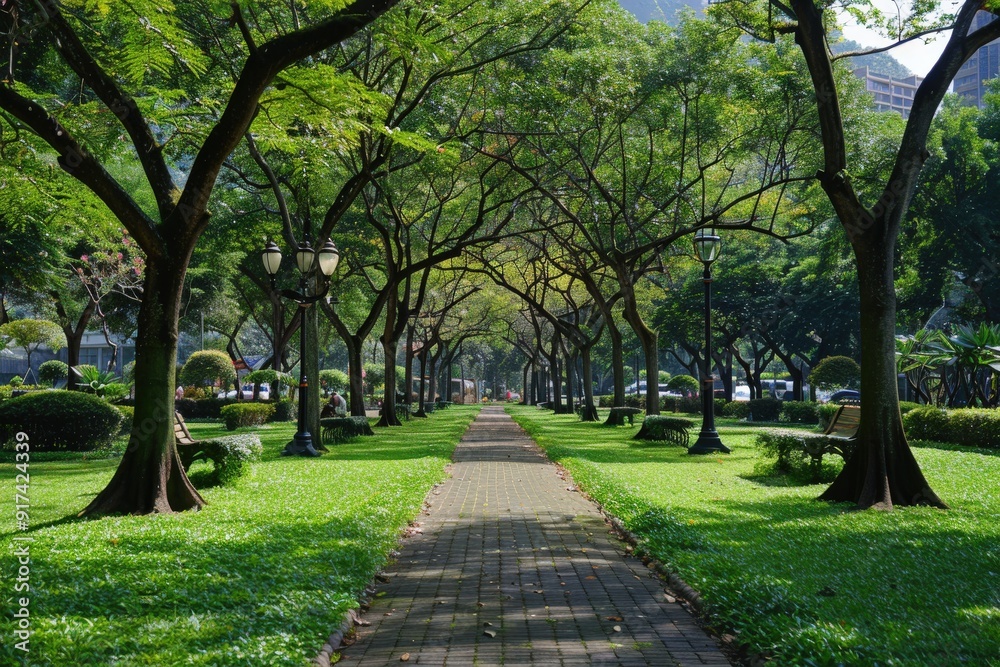 Pathway through a lush park with trees and manicured lawns Pathway through a lush park with trees and manicured lawns
