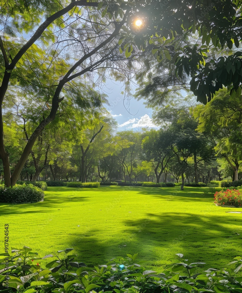 Lush green park with vibrant lawns and sunny skies on a clear day Lush green park with vibrant lawns and sunny skies on a clear day