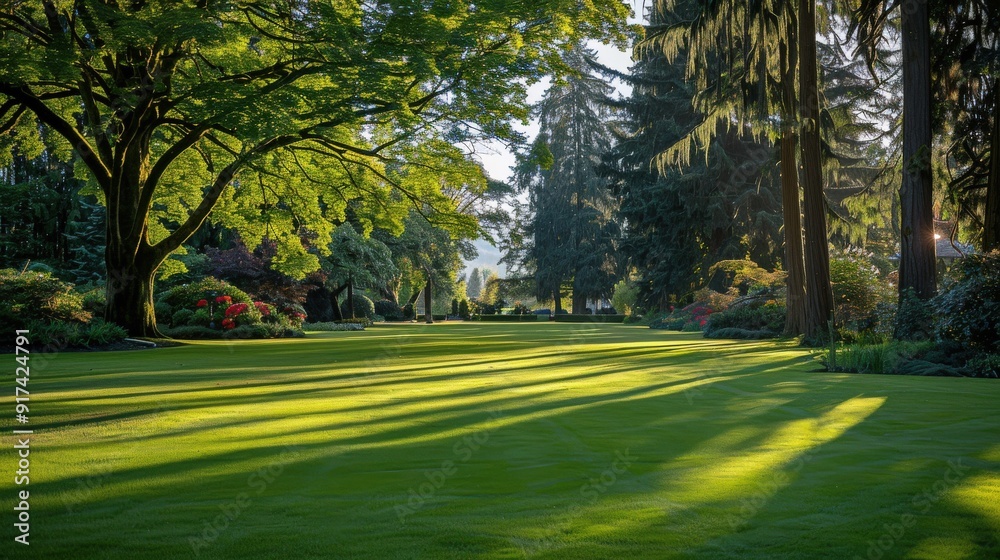 Lush green park with expansive lawn and dappled sunlight in the afternoon Lush green park with expansive lawn and dappled sunlight in the afternoon