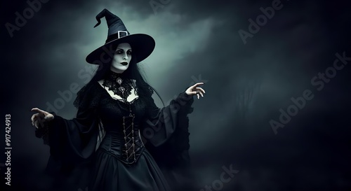 Scary witch dressed in black over a grey background, scary halloween party invitation card with empty space for text photo