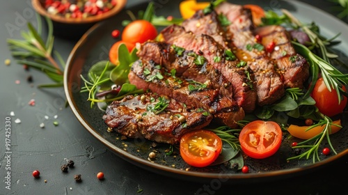 grilled meat with vegetables. delicious grilled meat and grilled vegetables background