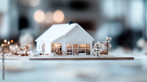 A detailed downscaled model of a white house featuring warm glowing lights from within, capturing a serene, snowy exterior setting and portraying a snug, inviting home atmosphere. photo