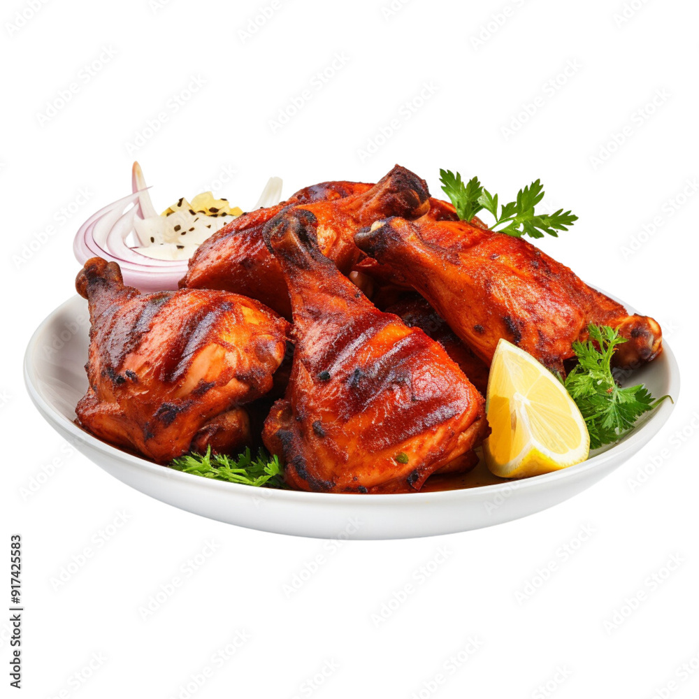 A roasted grilled chicken on a plate or wood on a white background A roasted grilled chicken on a plate or wood on a white background