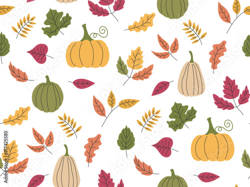 Cozy autumn seamless pattern. Falling leaves and pumpkins autumnal doodle illustration. Thanksgiving day harvest festival background. Cover, banner, wallpaper, fabric print template