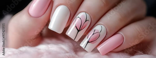 Beautiful nail art with a simple tulip flower design in light pink and white colors, with thin black lines on the nails of one hand