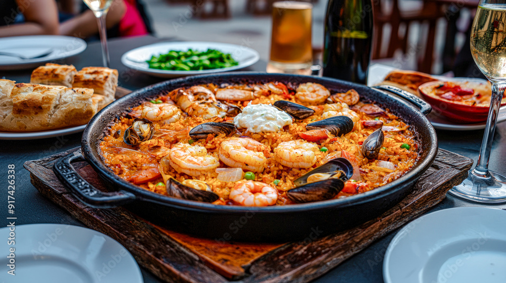 Authentic Spanish and Catalan Cuisine Delicious Fresh Seafood and Wine, Served in a Charming Courtyard Setting Perfect for Celebrating Mediterranean Culinary Traditions Authentic Spanish and Catalan Cuisine Delicious Fresh Seafood and Wine, Served in a Charming Courtyard Setting Perfect for Celebrating Mediterranean Culinary Traditions