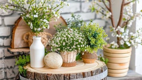 A wooden podium surrounded by green plants 