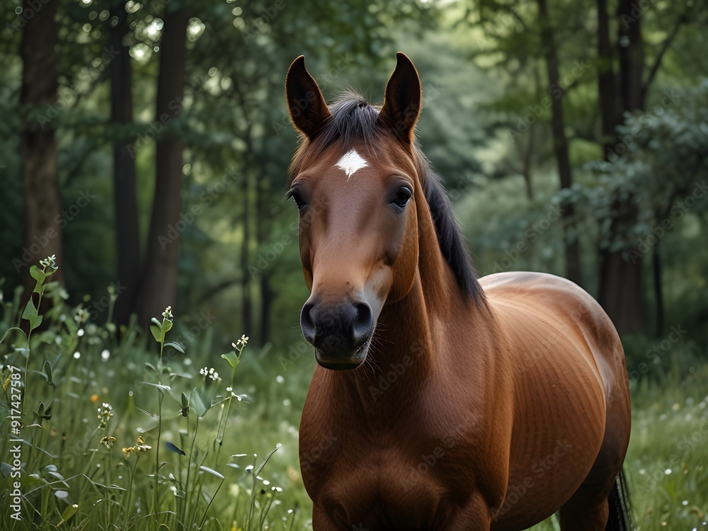 Brown horse Welsh pony standing in high grass by sunset Brown horse Welsh pony standing in high grass by sunset