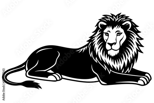 Lion Stretched Out vector.  The lion lies flat on its stomach or side with its legs extended, vector art illustration 