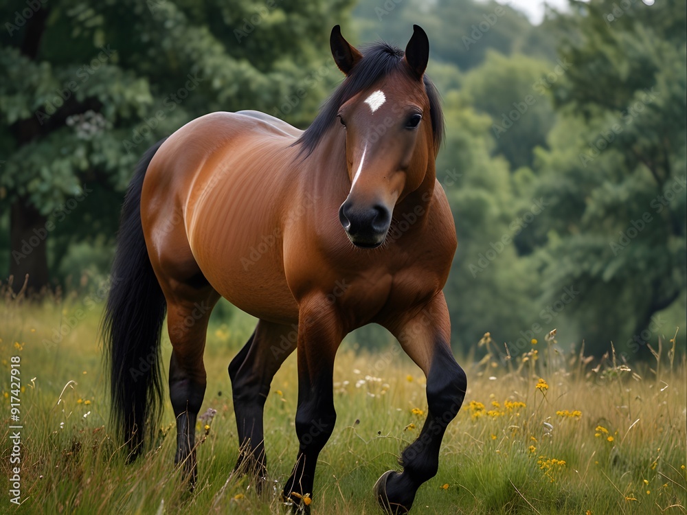 Obraz premium Brown horse Welsh pony standing in high grass by sunset