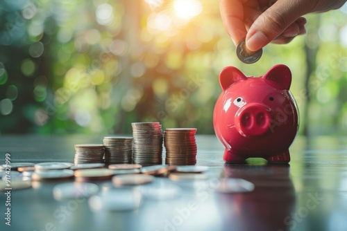 Hand putting coins in a piggy bank for save money and Saving Money concept photo