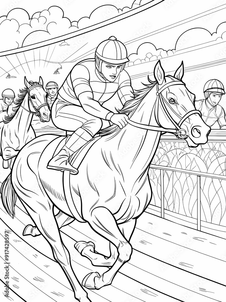 Naklejka premium Exciting Horse Racing Scene Coloring Page with Jockey in Action