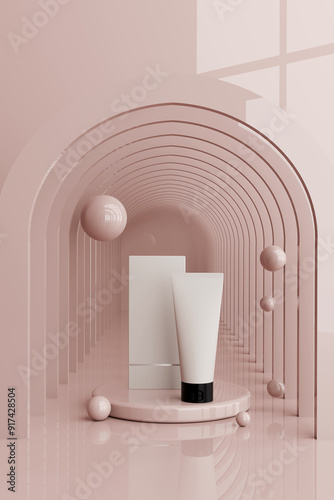 A Tube with box, both placed on a light background mockup 3d render