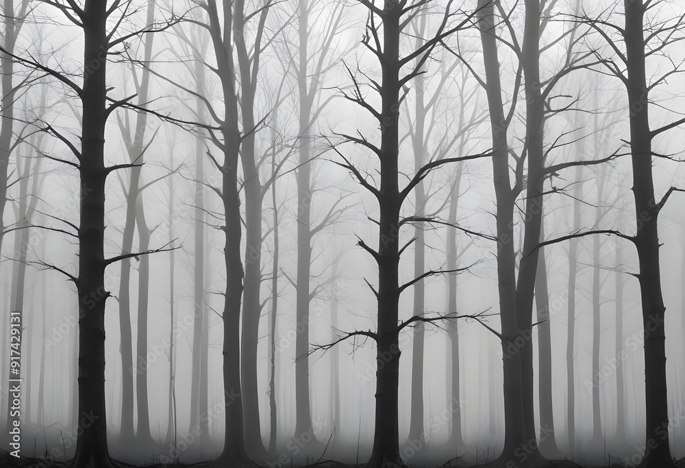 Bare trees in a foggy forest , with the trunks and branches visible against the mist Bare trees in a foggy forest , with the trunks and branches visible against the mist