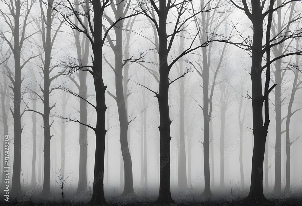 Obraz premium Bare trees in a foggy forest , with the trunks and branches visible against the mist