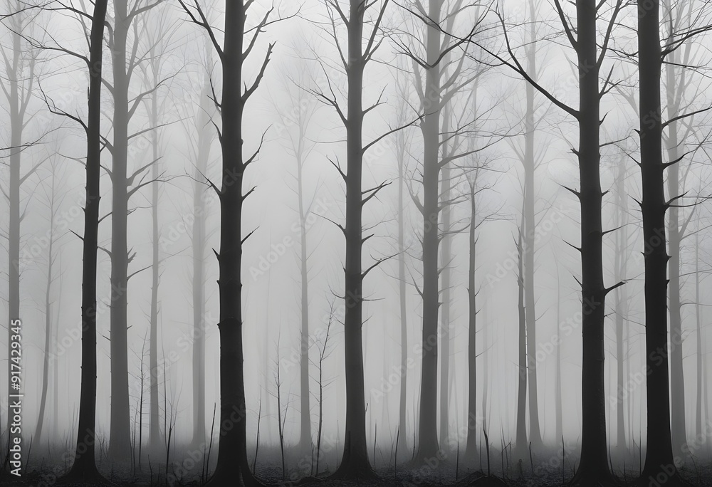 Obraz premium Bare trees in a foggy forest , with the trunks and branches visible against the mist