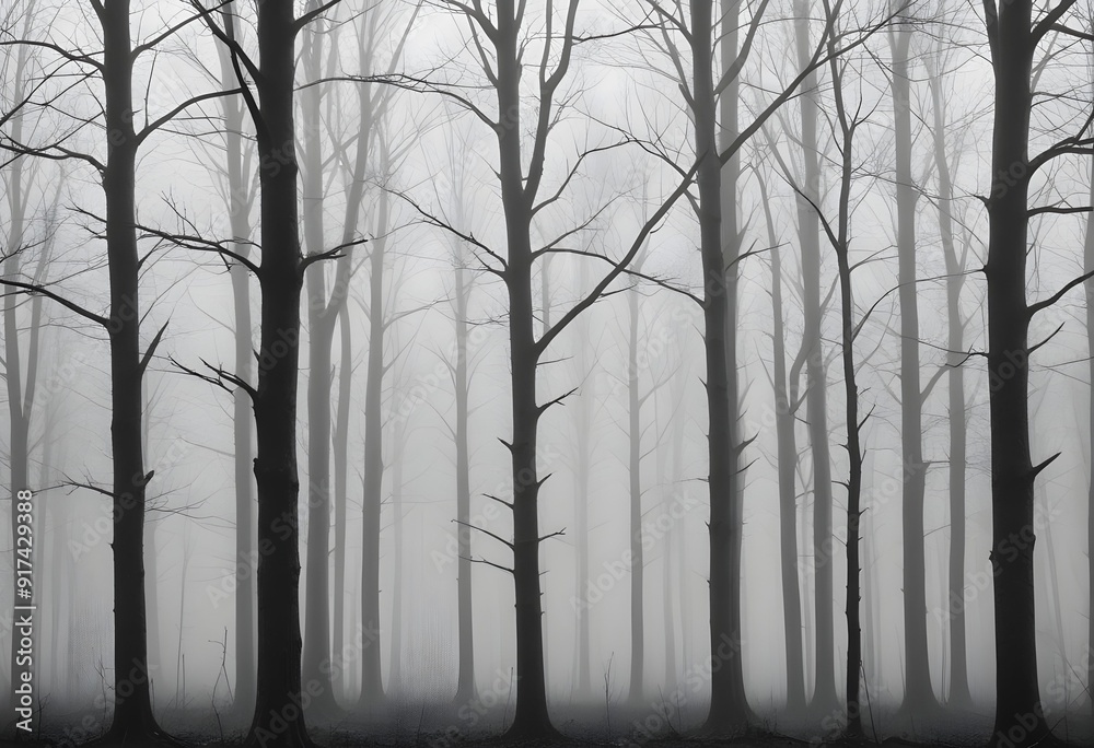 Obraz premium Bare trees in a foggy forest , with the trunks and branches visible against the mist