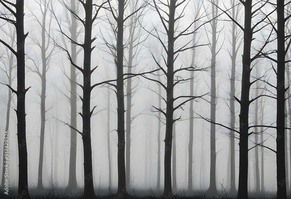 Bare trees in a foggy forest , with the trunks and branches visible against the mist Bare trees in a foggy forest , with the trunks and branches visible against the mist