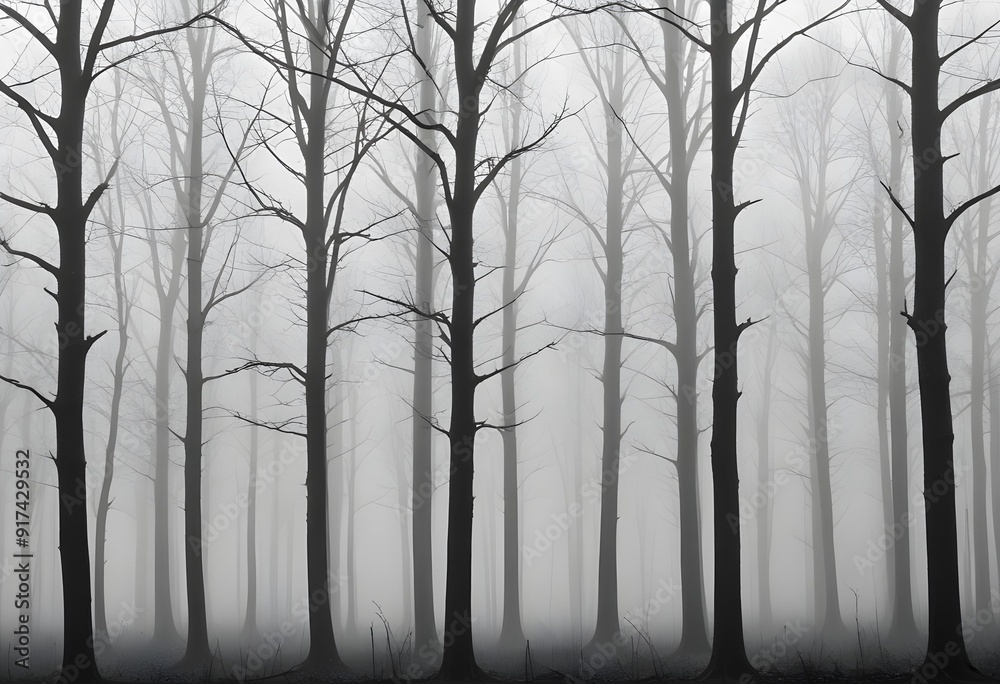 Bare trees in a foggy forest , with the trunks and branches visible against the mist Bare trees in a foggy forest , with the trunks and branches visible against the mist