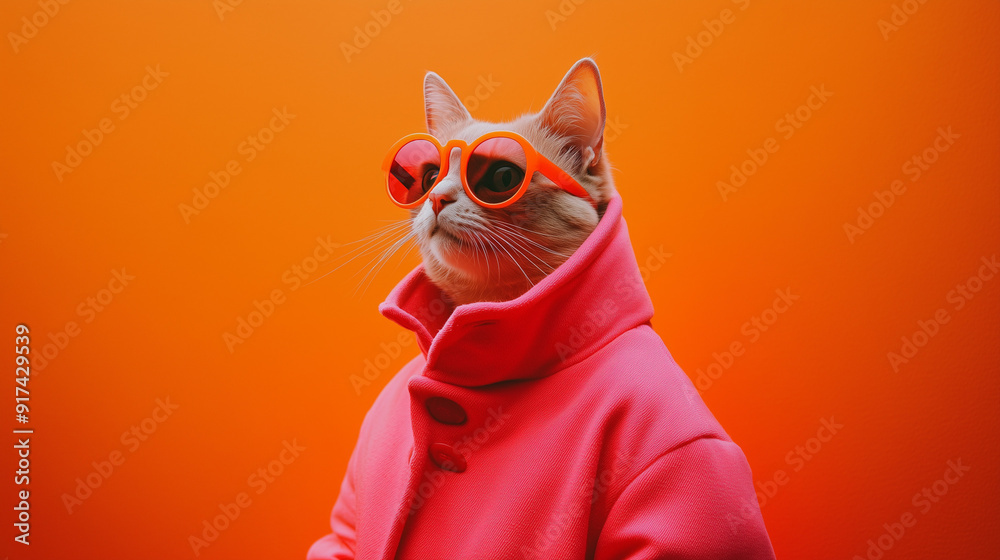 Fototapeta premium Cool cat wearing sunglasses and an orange jacket, stylish feline fashion portrait 