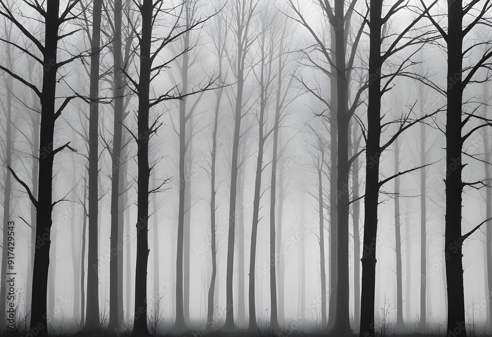 Bare trees in a foggy forest , with the trunks and branches visible against the mist Bare trees in a foggy forest , with the trunks and branches visible against the mist