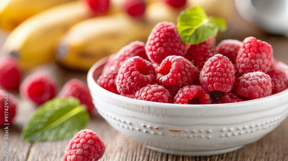 Fresh Raspberries and Bananas in a Bowl on a Wooden Table Fresh Raspberries and Bananas in a Bowl on a Wooden Table