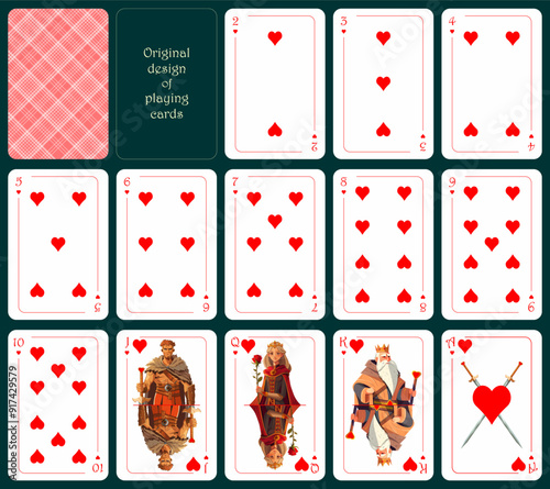 Original design of playing cards. All cards are hearts. Standard poker deck from two to ace. All cards are hearts