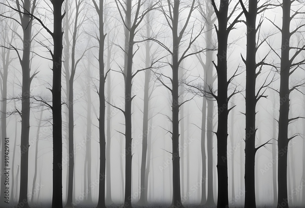 Obraz premium Bare trees in a foggy forest , with the trunks and branches visible against the mist