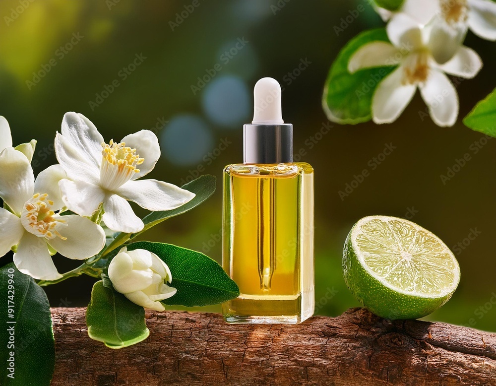 Close up view of a tree branch with Lime, several white flowers and a perfume glass bottle containing yellow liquid of Lime (Citrus aurantiifolia) extract. Empty label for branding mockup Close up view of a tree branch with Lime, several white flowers and a perfume glass bottle containing yellow liquid of Lime (Citrus aurantiifolia) extract. Empty label for branding mockup