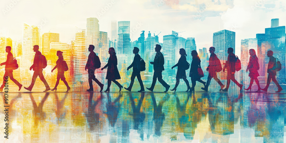 People walking in silhouette against a colorful city skyline backdrop, with reflections on the ground, symbolizing urban life and daily commute. People walking in silhouette against a colorful city skyline backdrop, with reflections on the ground, symbolizing urban life and daily commute.
