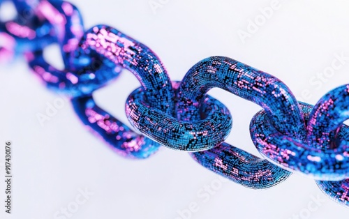 3D render of blue and pink digital chain with holographic effect on white background