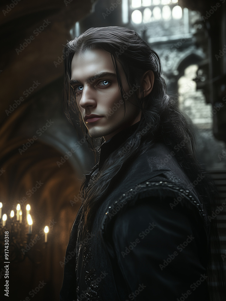 blue-eyed man with long hair in gothic setting blue-eyed man with long hair in gothic setting