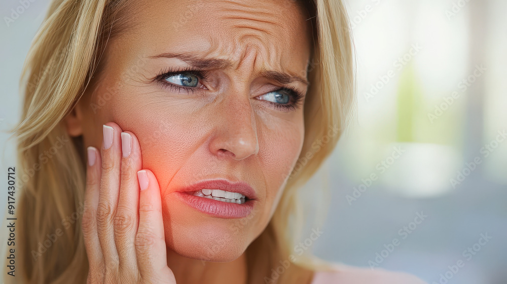 A woman appears to be experiencing pain, holding her cheek with a concerned expression, possibly indicating a toothache or jaw discomfort. A woman appears to be experiencing pain, holding her cheek with a concerned expression, possibly indicating a toothache or jaw discomfort.