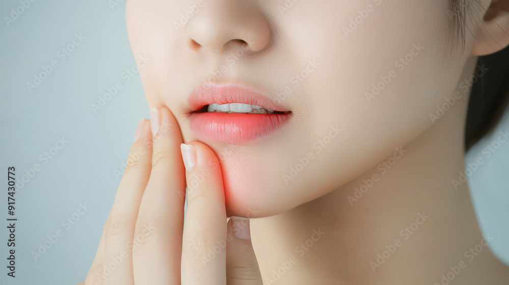 Close-up of a person touching their jaw, possibly indicating tooth or jaw pain. The background is plain, focusing attention on the distress. Close-up of a person touching their jaw, possibly indicating tooth or jaw pain. The background is plain, focusing attention on the distress.