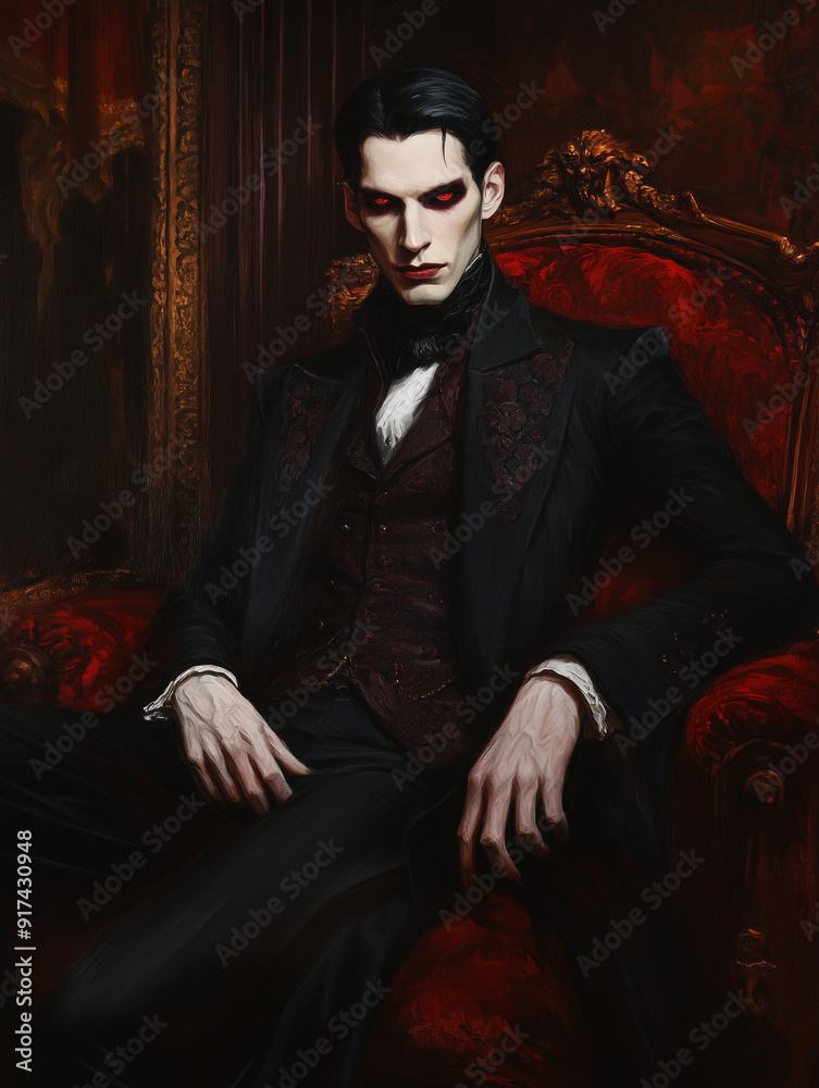 vampire with red eyes seated in ornate chair vampire with red eyes seated in ornate chair