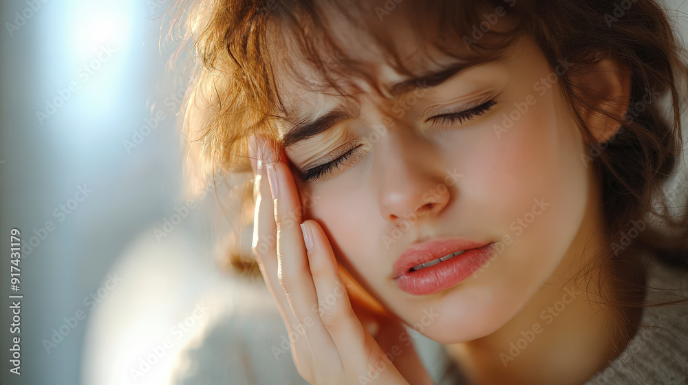 A woman with closed eyes touches her face, appearing to be in pain or discomfort, possibly experiencing a headache or feeling unwell. A woman with closed eyes touches her face, appearing to be in pain or discomfort, possibly experiencing a headache or feeling unwell.