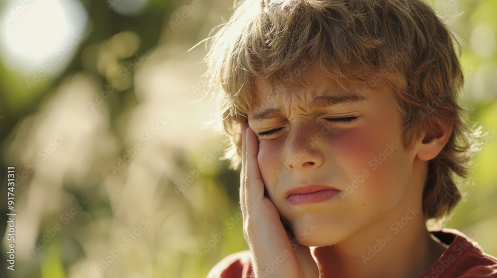 A boy with blonde hair holds his cheek, grimacing in pain, possibly from a toothache or facial discomfort, set against a blurry outdoor background. A boy with blonde hair holds his cheek, grimacing in pain, possibly from a toothache or facial discomfort, set against a blurry outdoor background.