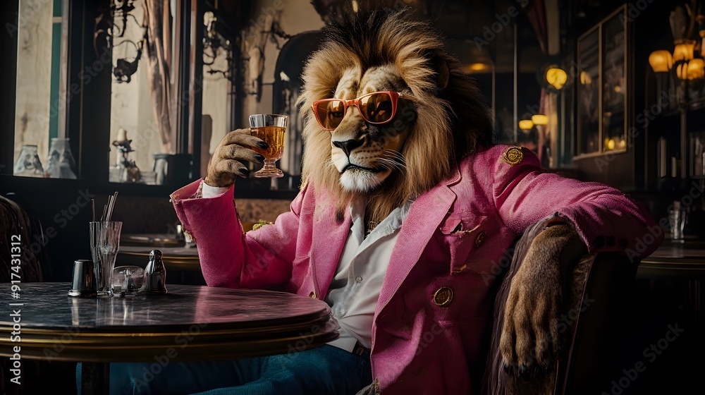 Obraz premium A lion wearing sunglasses and an elegant pink suit is sitting in the bar of his mansion, drinking from a fancy glass with red liquid inside. He has large expressive eyes and long hair.