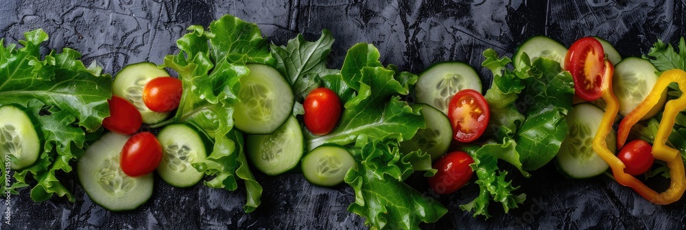 Flat lay of fresh green leaf salad with cucumber bell pepper and tomatoes Flat lay of fresh green leaf salad with cucumber bell pepper and tomatoes