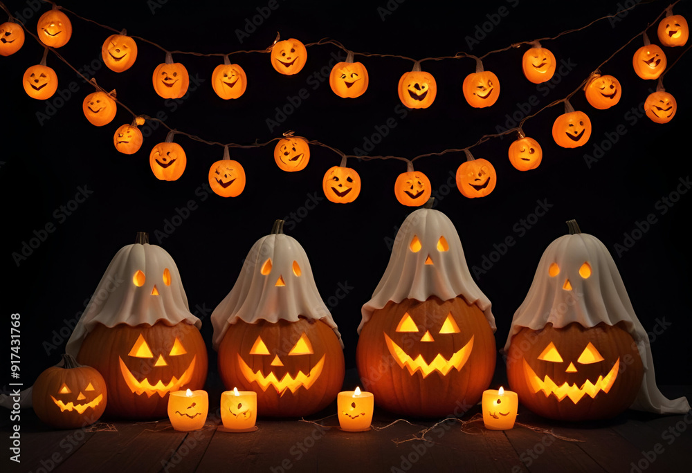 a jack-o-lantern pumpkin, and other Halloween decorations against black background