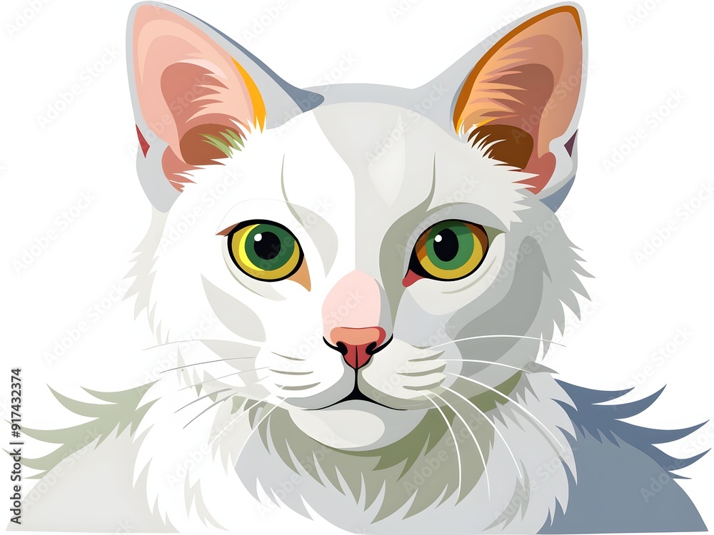 A stylized illustration of a white cat with green eyes and a pink nose, featuring detailed fur texture and a focused expression. A stylized illustration of a white cat with green eyes and a pink nose, featuring detailed fur texture and a focused expression.
