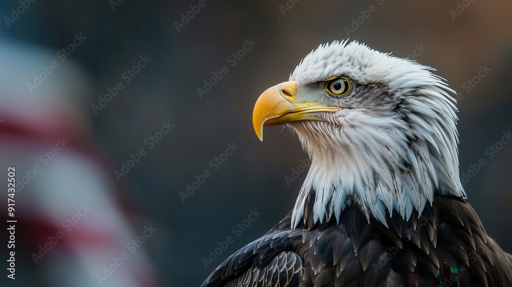 Obraz premium A photographic image of a majestic bald eagle, sharp focus on the eagle's head and beak, with piercing eyes, American flag blurred in the background