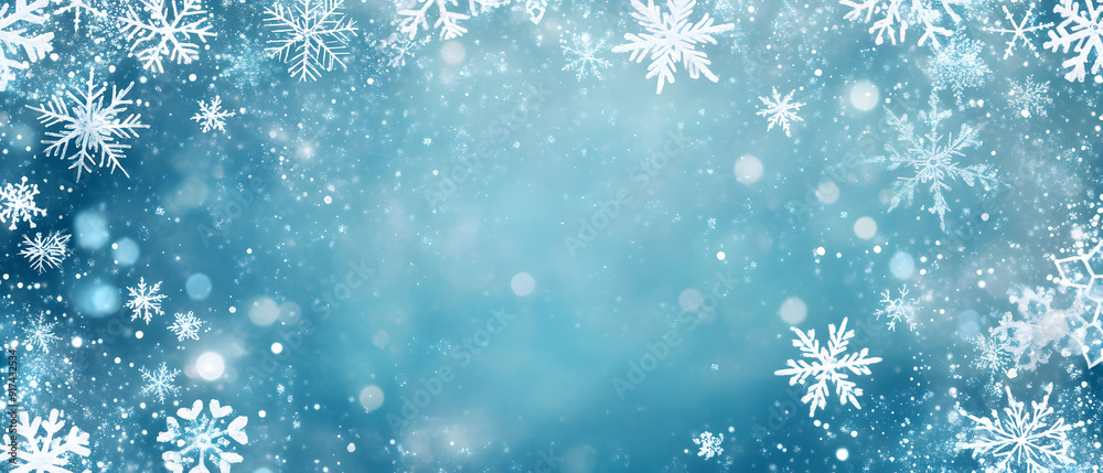 Snowflake border, Christmas background with white snowflakes frame on a blue background with copy space design Snowflake border, Christmas background with white snowflakes frame on a blue background with copy space design