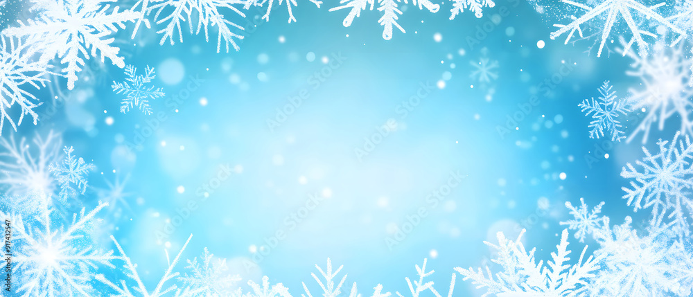 Snowflake border, Christmas background with white snowflakes frame on a blue background with copy space design Snowflake border, Christmas background with white snowflakes frame on a blue background with copy space design