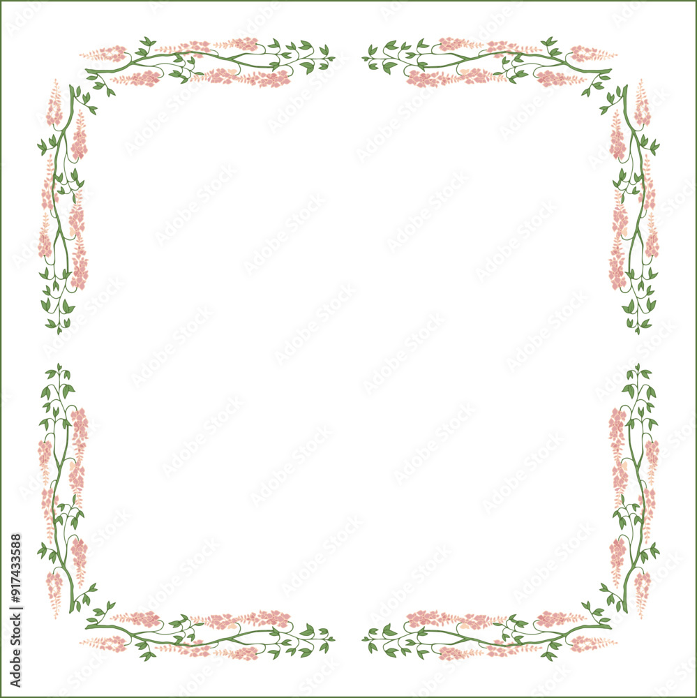 Obraz premium Elegant green vegetal ornamental frame with pink glycine flowers, decorative border, corners for greeting cards, banners, business cards, invitations, menus. Isolated vector illustration. 