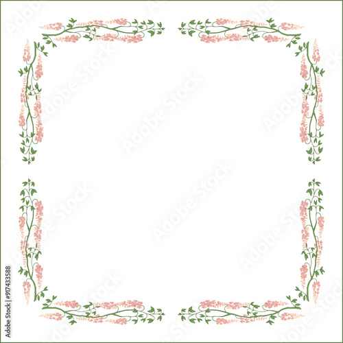 Wallpaper Mural Elegant green vegetal ornamental frame with pink glycine flowers, decorative border, corners for greeting cards, banners, business cards, invitations, menus. Isolated vector illustration.	
 Torontodigital.ca