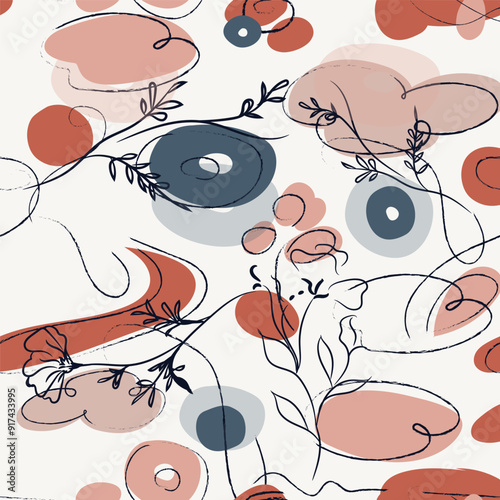 Abstract floral vector seamless pattern with spots and lined florals
