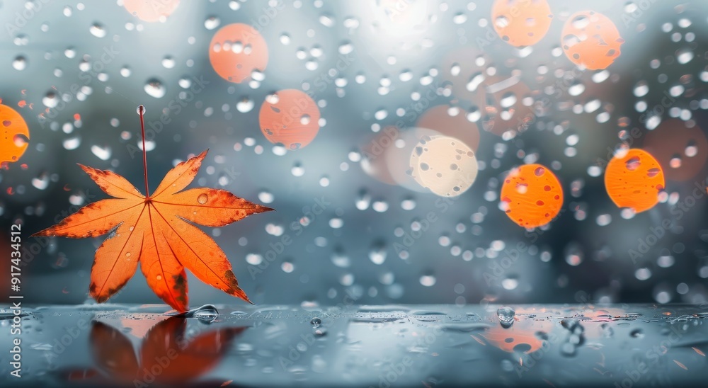 Autumn Leaf Clinging to Window on a Rainy Day in a City Autumn Leaf Clinging to Window on a Rainy Day in a City